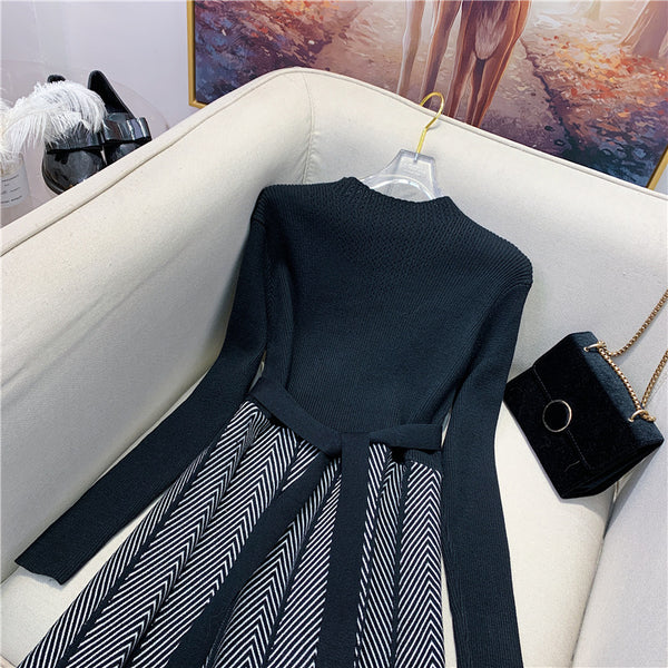 Trendy Women Mid Length Bottoming Front Bow Waist Strap Sweater Knitted striped Dress