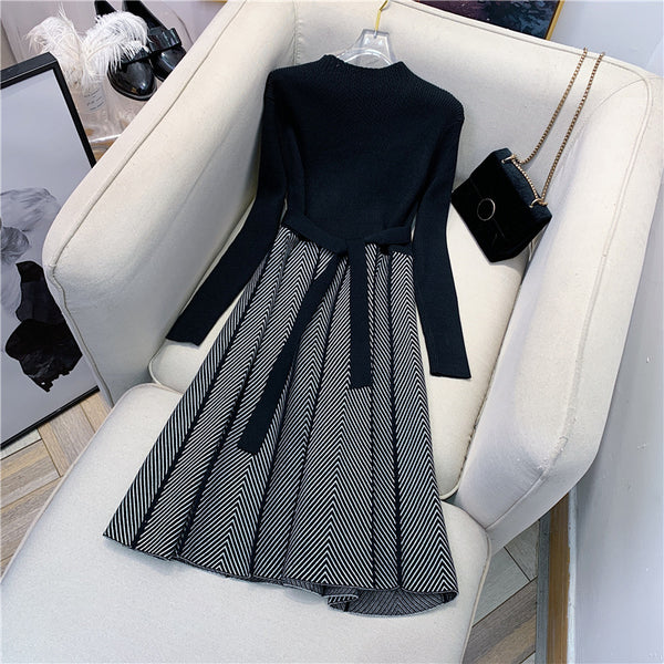 Trendy Women Mid Length Bottoming Front Bow Waist Strap Sweater Knitted striped Dress
