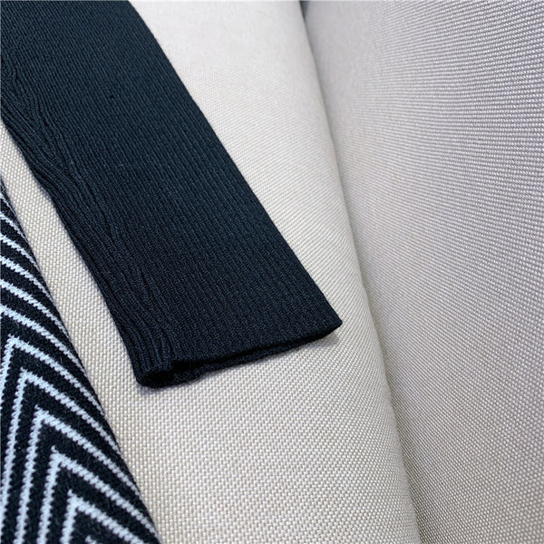 Trendy Women Mid Length Bottoming Front Bow Waist Strap Sweater Knitted striped Dress