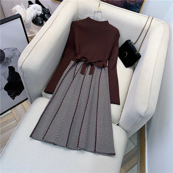 Trendy Women Mid Length Bottoming Front Bow Waist Strap Sweater Knitted striped Dress