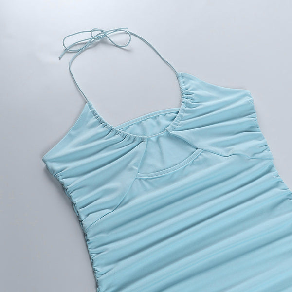 Women Bust Hollow Sling Strap Halter Cross Strap Ruched Mini Bodycon Dress Skirt