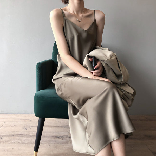 Temperament Sexy Women Spaghetti Strap V-neck Satin Loose Size Long Skirt