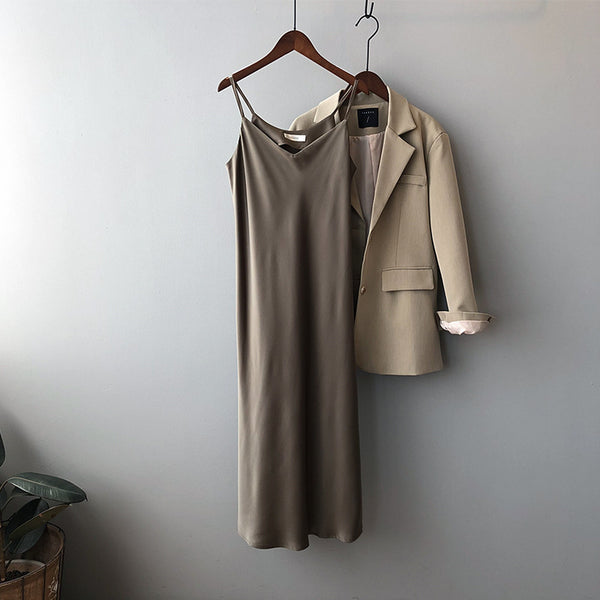 Temperament Sexy Women Spaghetti Strap V-neck Satin Loose Size Long Skirt