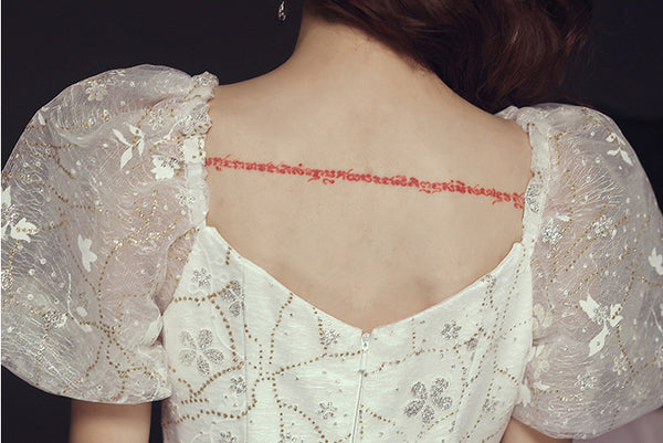 Temperament Fairy Puff Short Sleeve Square Neck Spandex Bow Long White Dress