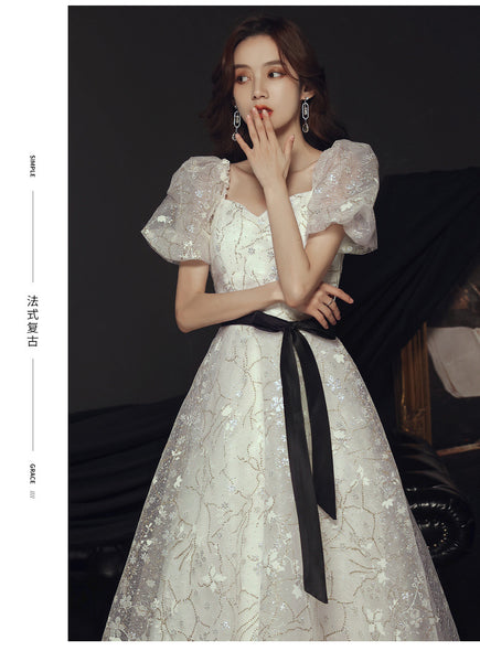 Temperament Fairy Puff Short Sleeve Square Neck Spandex Bow Long White Dress