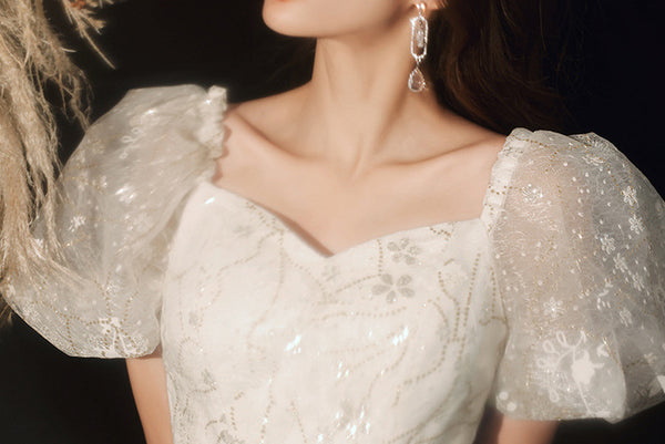 Temperament Fairy Puff Short Sleeve Square Neck Spandex Bow Long White Dress