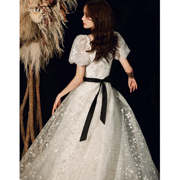 Temperament Fairy Puff Short Sleeve Square Neck Spandex Bow Long White Dress