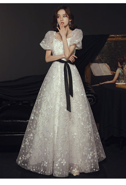 Temperament Fairy Puff Short Sleeve Square Neck Spandex Bow Long White Dress