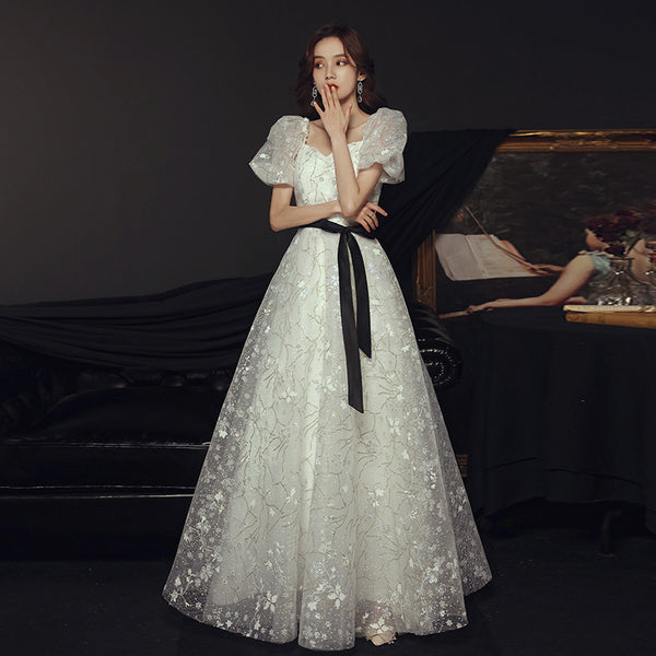 Temperament Fairy Puff Short Sleeve Square Neck Spandex Bow Long White Dress