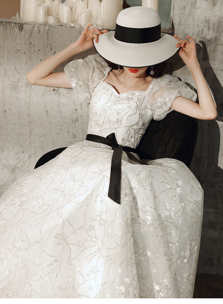 Temperament Fairy Puff Short Sleeve Square Neck Spandex Bow Long White Dress