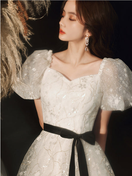 Temperament Fairy Puff Short Sleeve Square Neck Spandex Bow Long White Dress