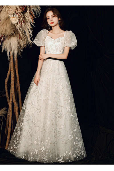 Temperament Fairy Puff Short Sleeve Square Neck Spandex Bow Long White Dress