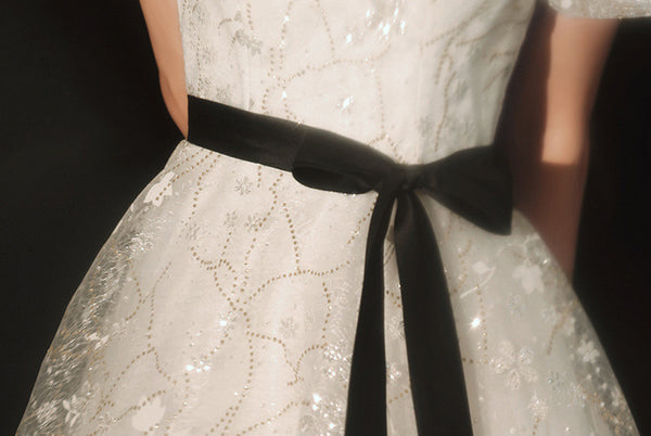 Temperament Fairy Puff Short Sleeve Square Neck Spandex Bow Long White Dress