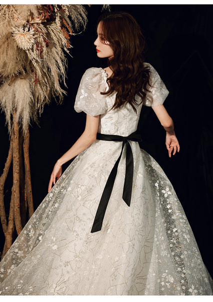 Temperament Fairy Puff Short Sleeve Square Neck Spandex Bow Long White Dress