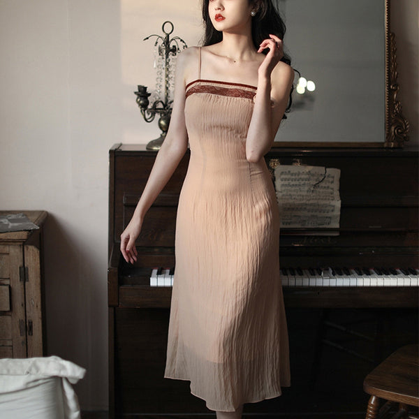 Retro Temperament Cardigan Spaghetti Strap Stitching High waist Dress with Jacket