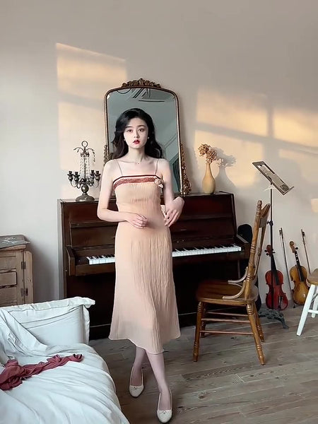 Retro Temperament Cardigan Spaghetti Strap Stitching High waist Dress with Jacket