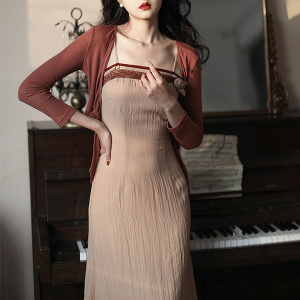 Retro Temperament Cardigan Spaghetti Strap Stitching High waist Dress with Jacket