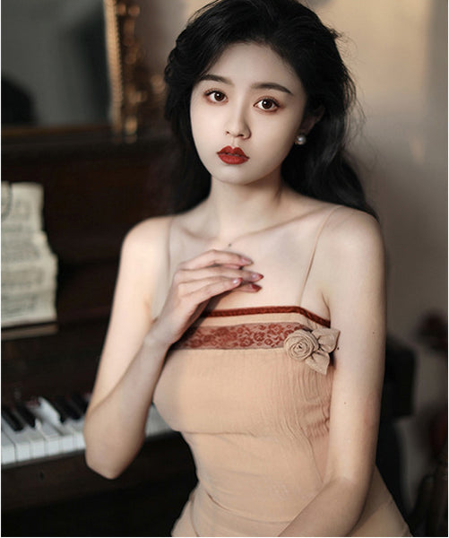 Retro Temperament Cardigan Spaghetti Strap Stitching High waist Dress with Jacket