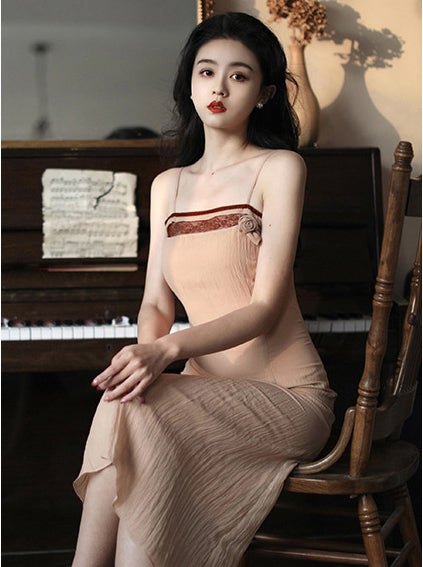 Retro Temperament Cardigan Spaghetti Strap Stitching High waist Dress with Jacket