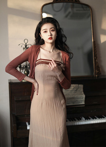 Retro Temperament Cardigan Spaghetti Strap Stitching High waist Dress with Jacket