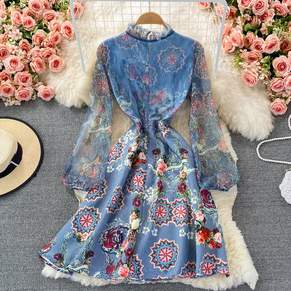 Retro Temperament Luxury Bow Tie Lace Stitching Waist Stand Collar Dress A-Line Skirt