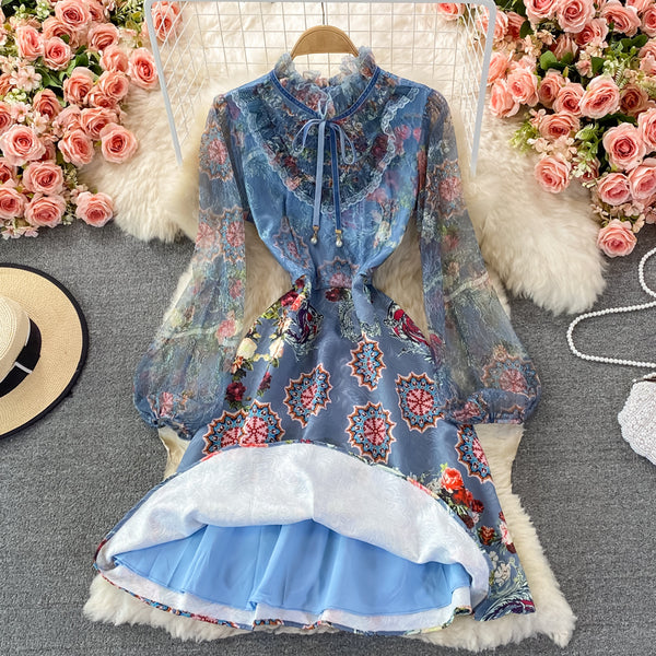 Retro Temperament Luxury Bow Tie Lace Stitching Waist Stand Collar Dress A-Line Skirt