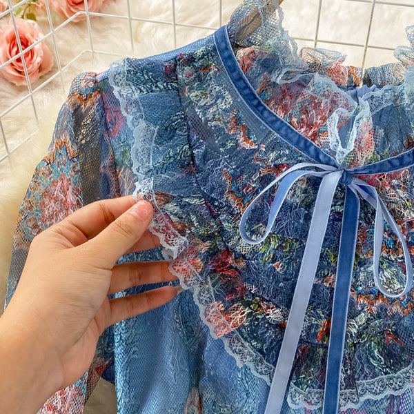 Retro Temperament Luxury Bow Tie Lace Stitching Waist Stand Collar Dress A-Line Skirt