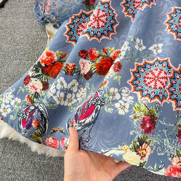 Retro Temperament Luxury Bow Tie Lace Stitching Waist Stand Collar Dress A-Line Skirt