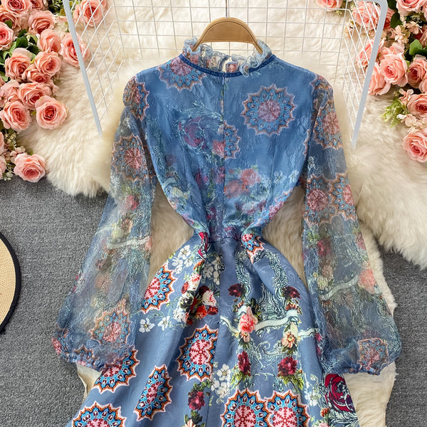 Retro Temperament Luxury Bow Tie Lace Stitching Waist Stand Collar Dress A-Line Skirt