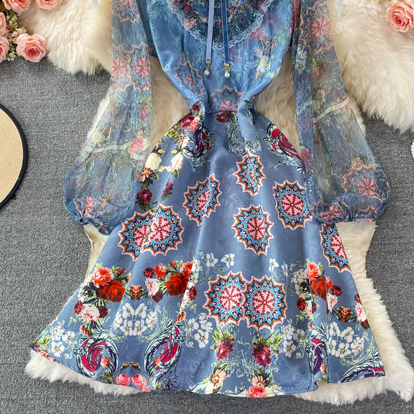 Retro Temperament Luxury Bow Tie Lace Stitching Waist Stand Collar Dress A-Line Skirt