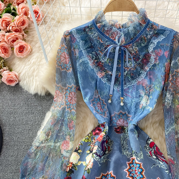 Retro Temperament Luxury Bow Tie Lace Stitching Waist Stand Collar Dress A-Line Skirt