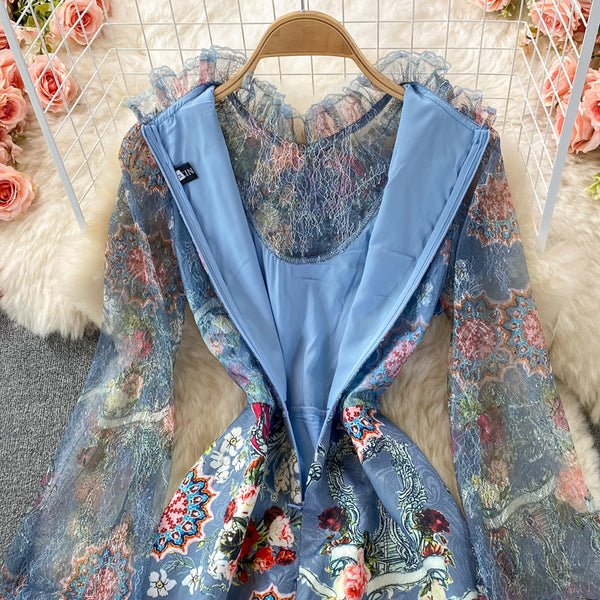 Retro Temperament Luxury Bow Tie Lace Stitching Waist Stand Collar Dress A-Line Skirt