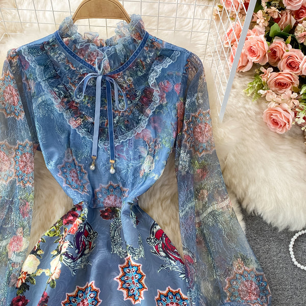 Retro Temperament Luxury Bow Tie Lace Stitching Waist Stand Collar Dress A-Line Skirt