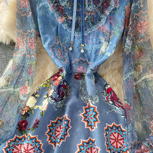 Retro Temperament Luxury Bow Tie Lace Stitching Waist Stand Collar Dress A-Line Skirt