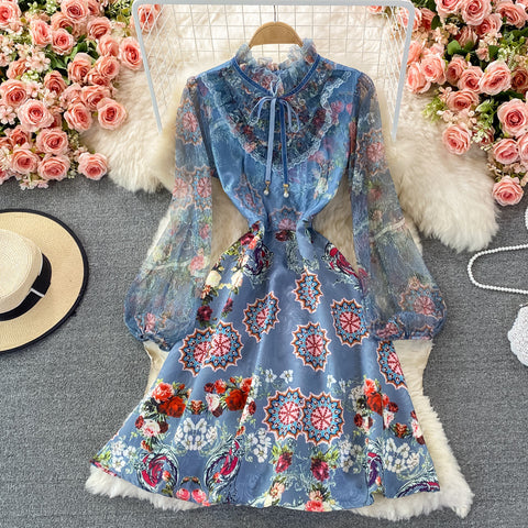 Retro Temperament Luxury Bow Tie Lace Stitching Waist Stand Collar Dress A-Line Skirt