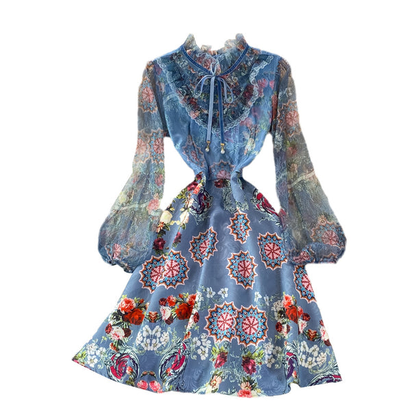 Retro Temperament Luxury Bow Tie Lace Stitching Waist Stand Collar Dress A-Line Skirt