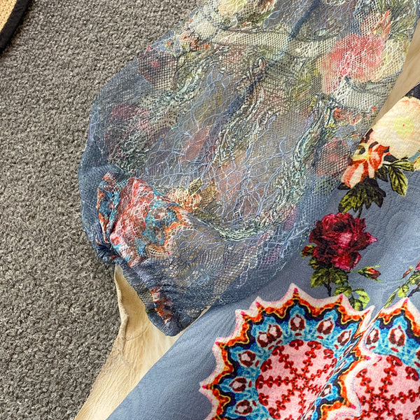 Retro Temperament Luxury Bow Tie Lace Stitching Waist Stand Collar Dress A-Line Skirt