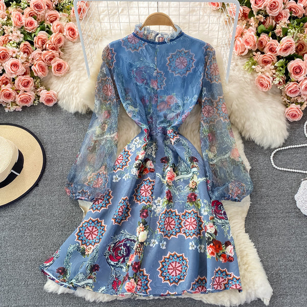 Retro Temperament Luxury Bow Tie Lace Stitching Waist Stand Collar Dress A-Line Skirt