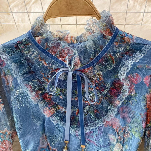 Retro Temperament Luxury Bow Tie Lace Stitching Waist Stand Collar Dress A-Line Skirt