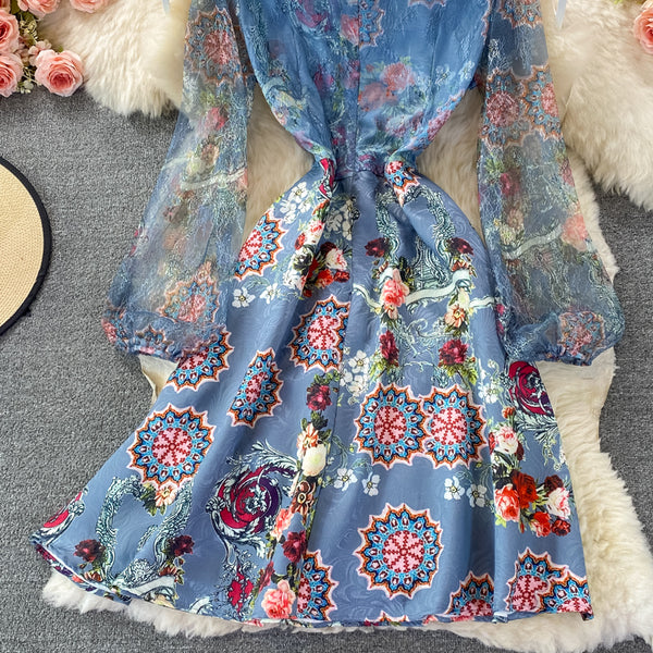 Retro Temperament Luxury Bow Tie Lace Stitching Waist Stand Collar Dress A-Line Skirt