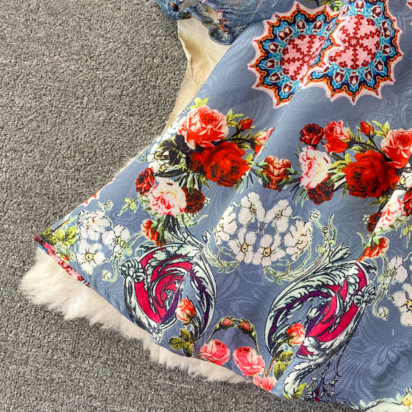 Retro Temperament Luxury Bow Tie Lace Stitching Waist Stand Collar Dress A-Line Skirt