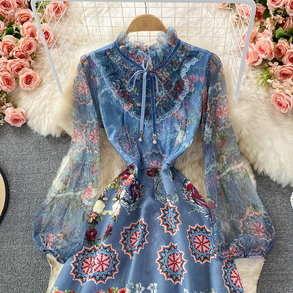 Retro Temperament Luxury Bow Tie Lace Stitching Waist Stand Collar Dress A-Line Skirt