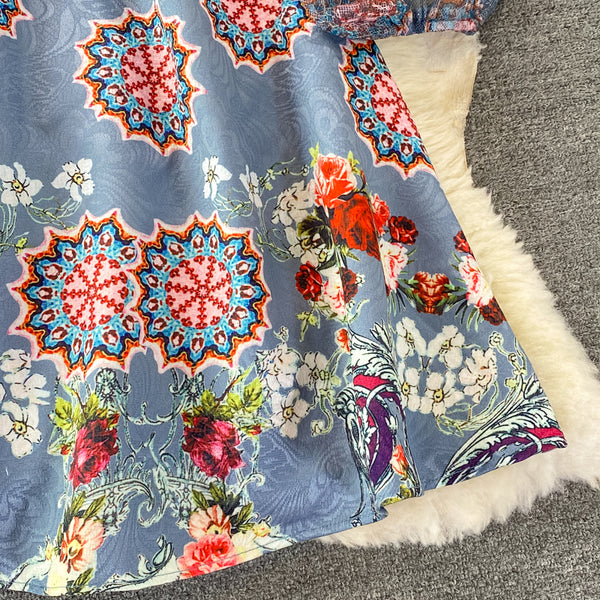 Retro Temperament Luxury Bow Tie Lace Stitching Waist Stand Collar Dress A-Line Skirt