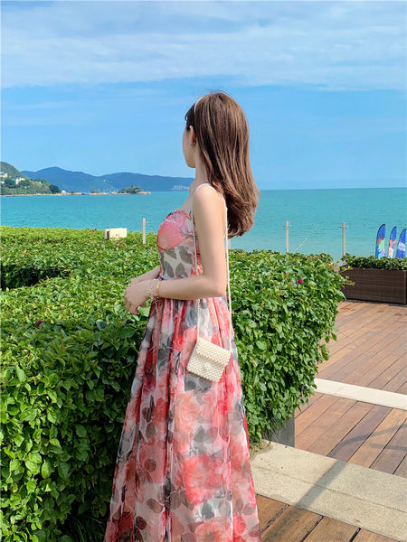 Retro Temperament Sweet Summer Women High Waist Floral Mesh Vest Dress