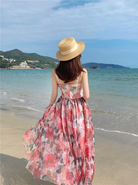 Retro Temperament Sweet Summer Women High Waist Floral Mesh Vest Dress