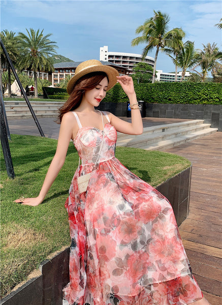 Retro Temperament Sweet Summer Women High Waist Floral Mesh Vest Dress