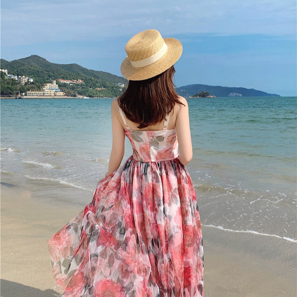 Retro Temperament Sweet Summer Women High Waist Floral Mesh Vest Dress