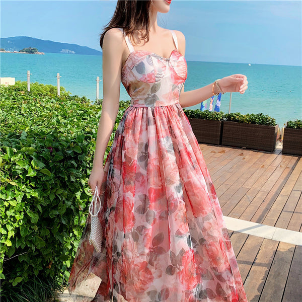 Retro Temperament Sweet Summer Women High Waist Floral Mesh Vest Dress