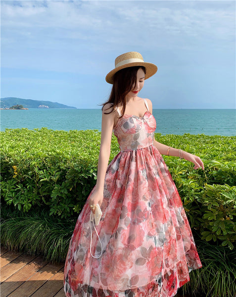 Retro Temperament Sweet Summer Women High Waist Floral Mesh Vest Dress