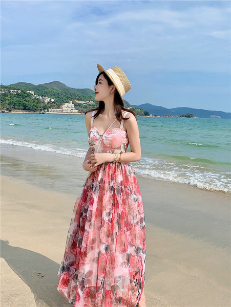 Retro Temperament Sweet Summer Women High Waist Floral Mesh Vest Dress